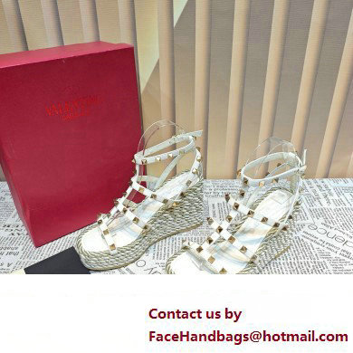 Valentino Heel 9.5cm Platform 3.5cm Rockstud ankle strap wedge sandals in calfskin White 2023