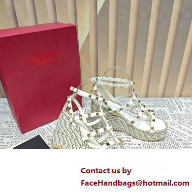 Valentino Heel 9.5cm Platform 3.5cm Rockstud ankle strap wedge sandals in calfskin White 2023