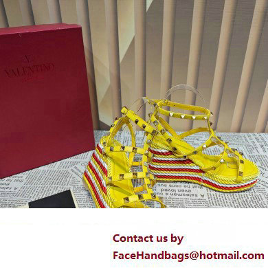 Valentino Heel 9.5cm Platform 3.5cm Rockstud ankle strap wedge sandals in calfskin Yellow/Red/White 2023