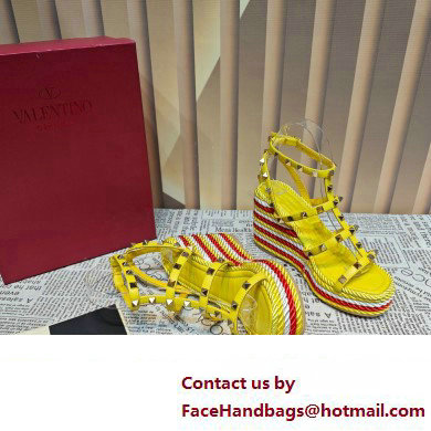 Valentino Heel 9.5cm Platform 3.5cm Rockstud ankle strap wedge sandals in calfskin Yellow/Red/White 2023