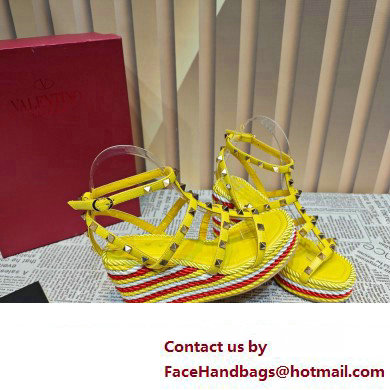 Valentino Heel 9.5cm Platform 3.5cm Rockstud ankle strap wedge sandals in calfskin Yellow/Red/White 2023