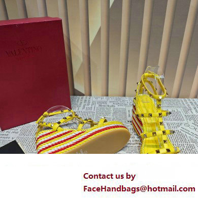 Valentino Heel 9.5cm Platform 3.5cm Rockstud ankle strap wedge sandals in calfskin Yellow/Red/White 2023