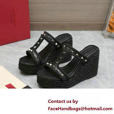 Valentino Heel 9.5cm Platform 3.5cm Rockstud wedge sandals in calfskin Black 2023