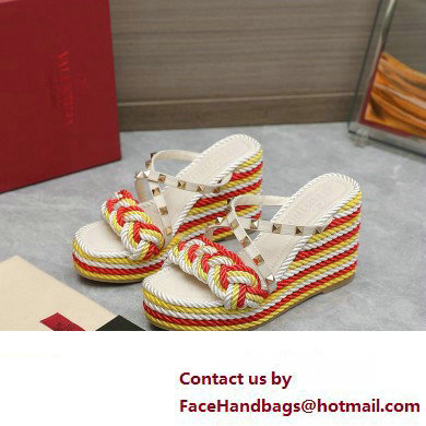 Valentino Heel 9.5cm Platform 3.5cm Rockstud wedge sandals in calfskin leather White/Red/Yellow with silk cords 2023