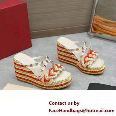 Valentino Heel 9.5cm Platform 3.5cm Rockstud wedge sandals in calfskin leather White/Red/Yellow with silk cords 2023