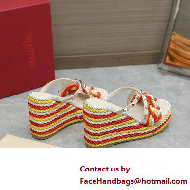 Valentino Heel 9.5cm Platform 3.5cm Rockstud wedge sandals in calfskin leather White/Red/Yellow with silk cords 2023