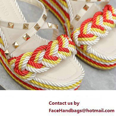 Valentino Heel 9.5cm Platform 3.5cm Rockstud wedge sandals in calfskin leather White/Red/Yellow with silk cords 2023