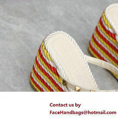 Valentino Heel 9.5cm Platform 3.5cm Rockstud wedge sandals in calfskin leather White/Red/Yellow with silk cords 2023