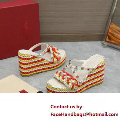 Valentino Heel 9.5cm Platform 3.5cm Rockstud wedge sandals in calfskin leather White/Red/Yellow with silk cords 2023