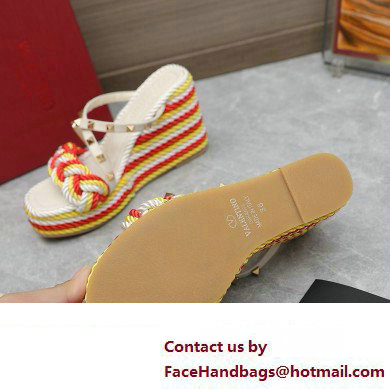 Valentino Heel 9.5cm Platform 3.5cm Rockstud wedge sandals in calfskin leather White/Red/Yellow with silk cords 2023