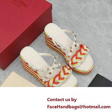 Valentino Heel 9.5cm Platform 3.5cm Rockstud wedge sandals in calfskin leather White/Red/Yellow with silk cords 2023