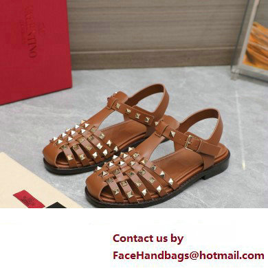 Valentino Rockstud Calfskin Round Toe Sandals Brown 2023