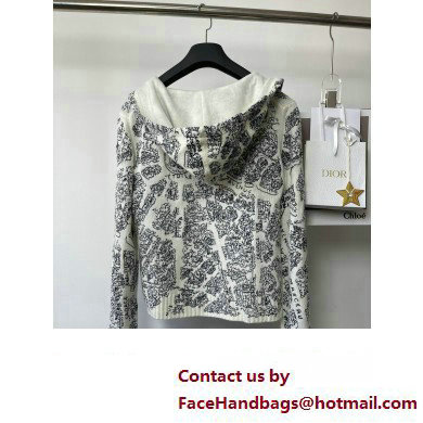 dior White and Black Cashmere Knit with Plan de Paris Motif Embroidered Hooded Cardigan 2023