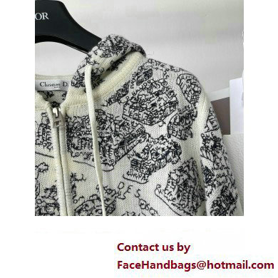 dior White and Black Cashmere Knit with Plan de Paris Motif Embroidered Hooded Cardigan 2023