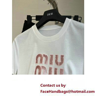 miu miu white cotton T-shirt with pink logo 2023