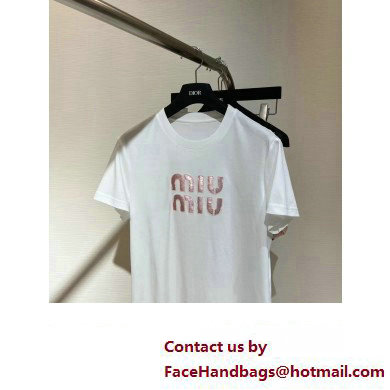 miu miu white cotton T-shirt with pink logo 2023