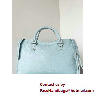 Balenciaga Classic City Large Handbag in Arena Lambskin Baby Blue/Silver