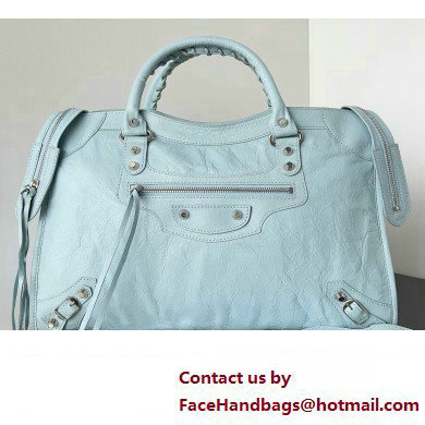 Balenciaga Classic City Large Handbag in Arena Lambskin Baby Blue/Silver