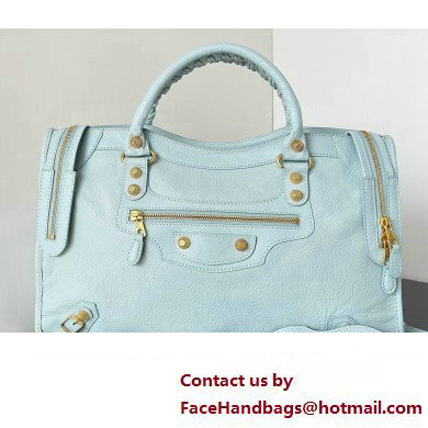 Balenciaga Classic City Large Handbag with Spiral Hardware in Arena Lambskin Baby Blue/Gold