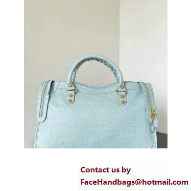 Balenciaga Classic City Large Handbag with Spiral Hardware in Arena Lambskin Baby Blue/Gold