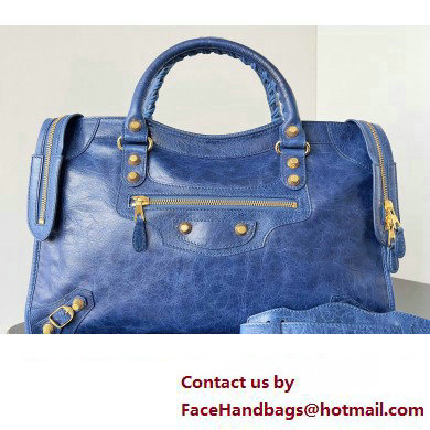 Balenciaga Classic City Large Handbag with Spiral Hardware in Arena Lambskin Blue/Gold