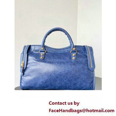 Balenciaga Classic City Large Handbag with Spiral Hardware in Arena Lambskin Blue/Gold