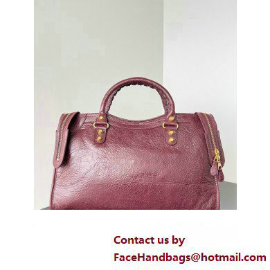 Balenciaga Classic City Large Handbag with Spiral Hardware in Arena Lambskin Burgundy/Gold