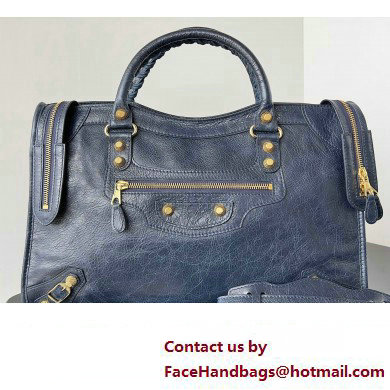 Balenciaga Classic City Large Handbag with Spiral Hardware in Arena Lambskin Dark Blue/Gold