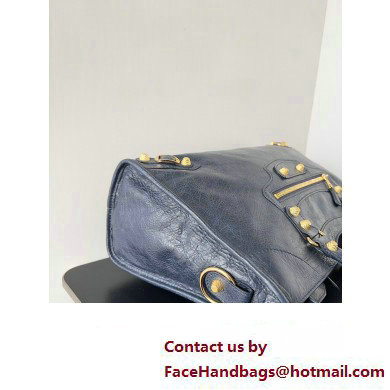 Balenciaga Classic City Large Handbag with Spiral Hardware in Arena Lambskin Dark Blue/Gold