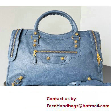 Balenciaga Classic City Large Handbag with Spiral Hardware in Arena Lambskin Navy Blue/Gold