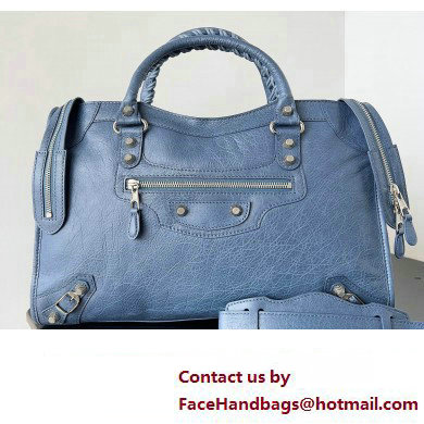 Balenciaga Classic City Large Handbag with Spiral Hardware in Arena Lambskin Navy Blue/Silver - Click Image to Close