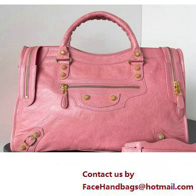 Balenciaga Classic City Large Handbag with Spiral Hardware in Arena Lambskin Pink/Gold