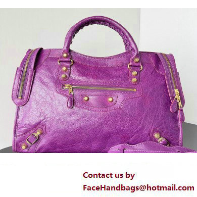 Balenciaga Classic City Large Handbag with Spiral Hardware in Arena Lambskin Purple/Gold