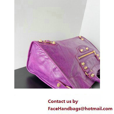 Balenciaga Classic City Large Handbag with Spiral Hardware in Arena Lambskin Purple/Gold