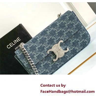 CELINE CHAIN SHOULDER BAG CLAUDE in DENIM WITH TRIOMPHE ALL-OVER Denim / Silver 2024 - Click Image to Close