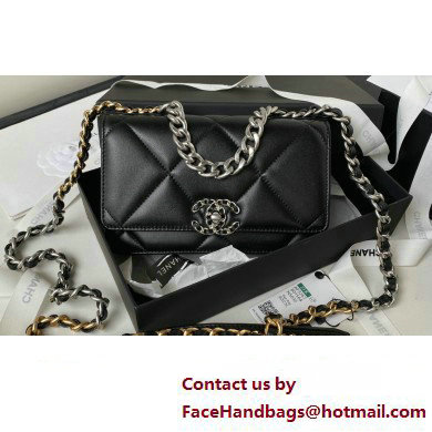 Chanel 19 Shiny Lambskin Wallet On Chain WOC Bag AP3267 Black/Silver 2023 - Click Image to Close