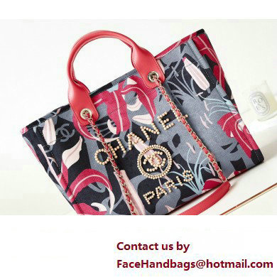 Chanel Deauville Printed Velvet and Wooden Pearls Small Shopping Bag AS3257 Red 2023 - Click Image to Close