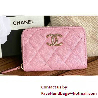 Chanel Gold-Tone Cutout CC Logo Zip Card Holder AP3185 in Grained Calfskin Pink