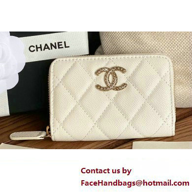 Chanel Gold-Tone Cutout CC Logo Zip Card Holder AP3185 in Grained Calfskin White - Click Image to Close