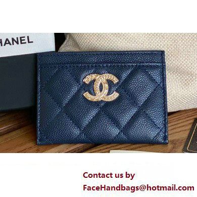 Chanel Gold-Tone Metal Logo Card Holder AP3048 in Grained Calfskin Blue