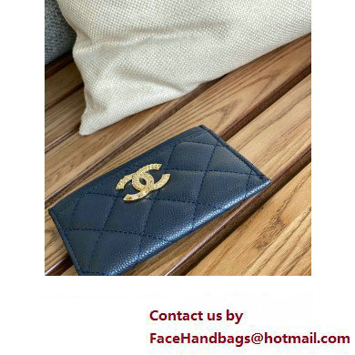 Chanel Gold-Tone Metal Logo Card Holder AP3048 in Grained Calfskin Blue