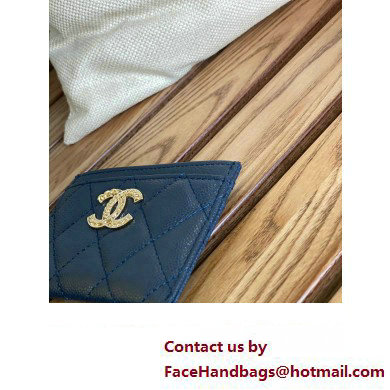 Chanel Gold-Tone Metal Logo Card Holder AP3048 in Grained Calfskin Blue