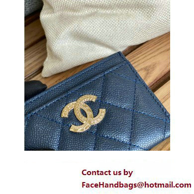 Chanel Gold-Tone Metal Logo Card Holder AP3048 in Grained Calfskin Blue