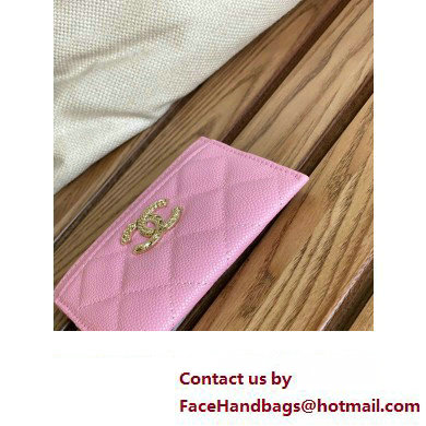 Chanel Gold-Tone Metal Logo Card Holder AP3048 in Grained Calfskin Pink