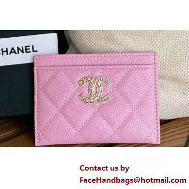 Chanel Gold-Tone Metal Logo Card Holder AP3048 in Grained Calfskin Pink