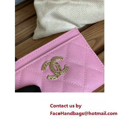 Chanel Gold-Tone Metal Logo Card Holder AP3048 in Grained Calfskin Pink