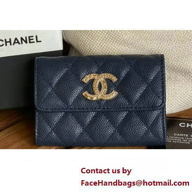 Chanel Gold-Tone Metal Logo Flap Card Holder AP3047 in Grained Calfskin Blue