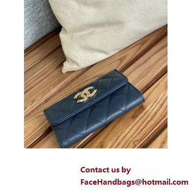 Chanel Gold-Tone Metal Logo Flap Card Holder AP3047 in Grained Calfskin Blue