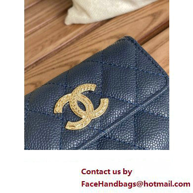 Chanel Gold-Tone Metal Logo Flap Card Holder AP3047 in Grained Calfskin Blue