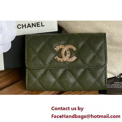 Chanel Gold-Tone Metal Logo Flap Card Holder AP3047 in Grained Calfskin Green - Click Image to Close